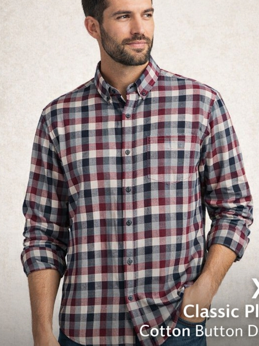 Haggar Plaid Button Down Shirt XL Burgundy Gray Cotton Long Sleeve